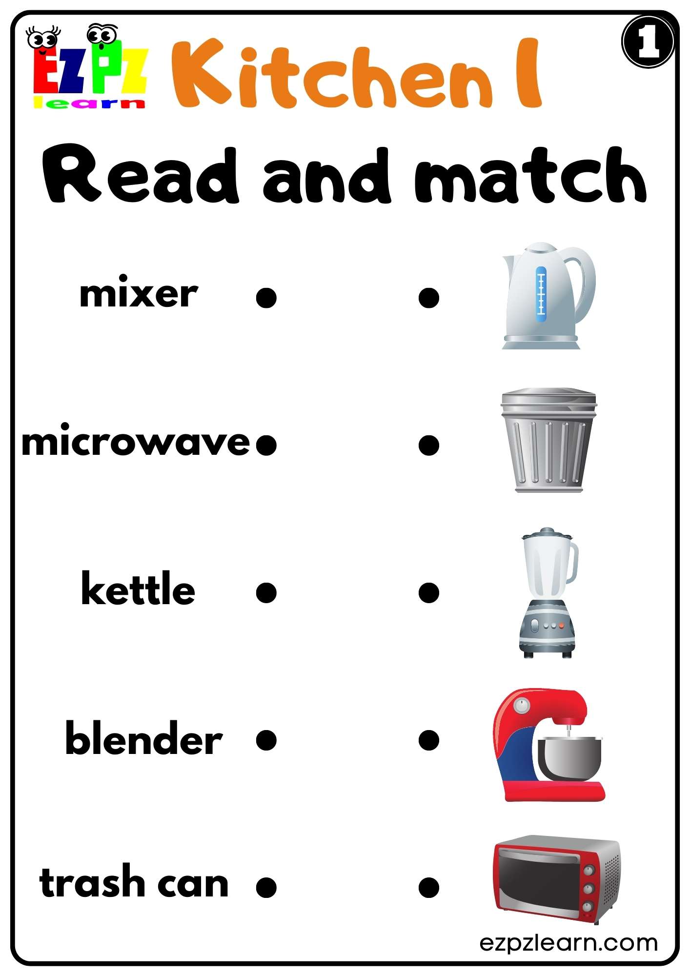 Kitchen Appliances Read and Match Worksheet for ESL Free PDF Download Set 1